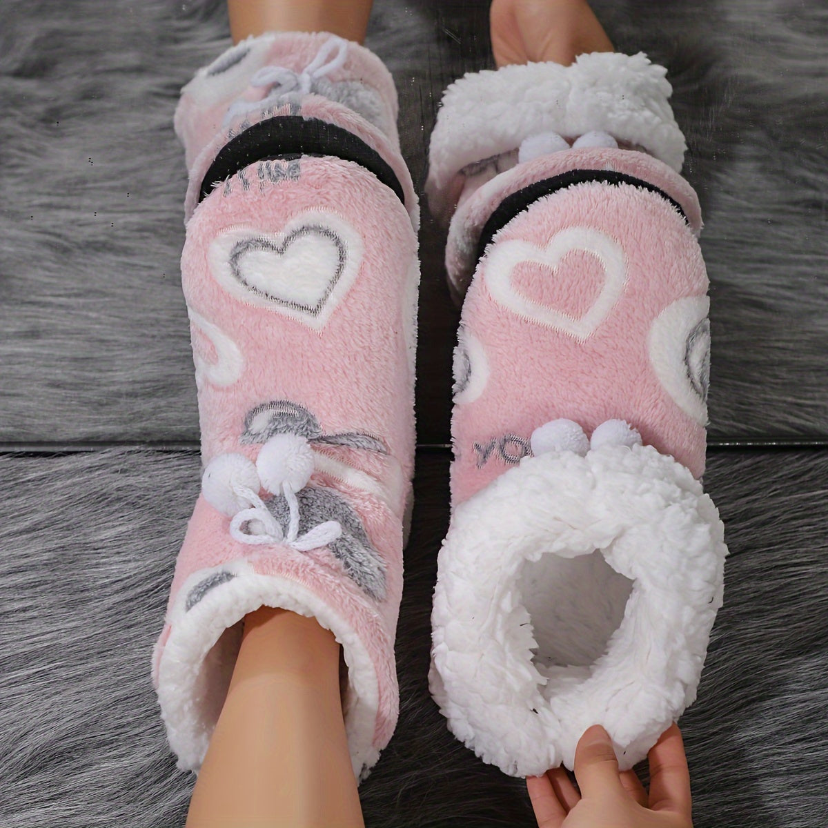 Cozy Heart-Patterned Bowknot Slipper Boots - Soft Fleece Lining, Warm & Comfortable Winter Home Shoes, Machine Washable with Breathable Fabric, Perfect for Indoor Wear, Warm Slip-On Boots|Casual Winter Boots|Machine Washable