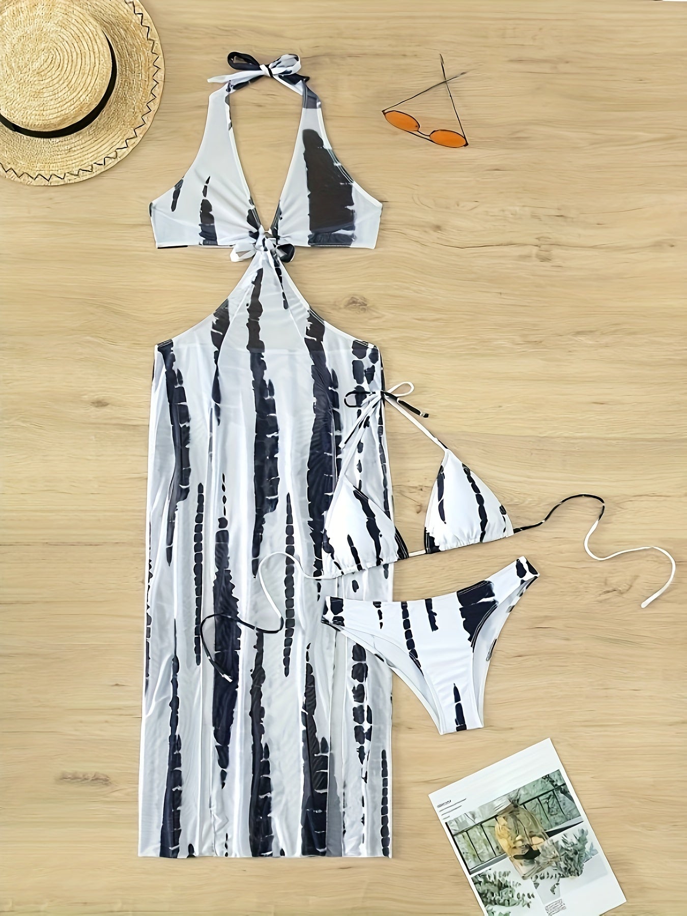 3 Piece Set Tie Dye Halter Neck Bikini, Triangle High Cut Swimsuits with Ring-Linked Mesh Cover Up Dress, Women's Swimwear & Clothing