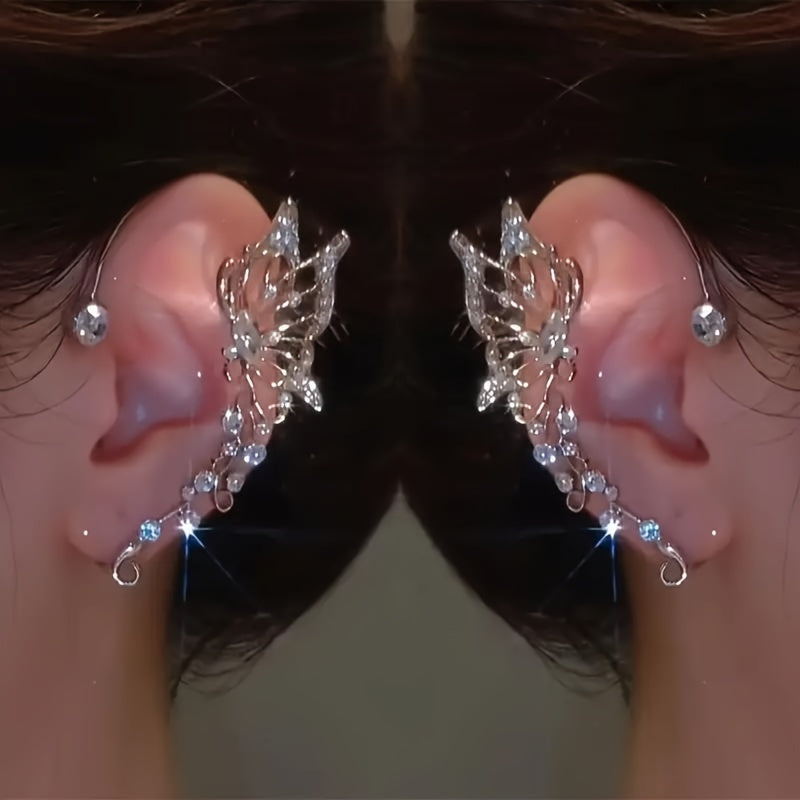 2pcs Butterfly Fairy Ear Cuff Earrings – Non-Pierced Elven Ear Crawlers with Sparkling Synthetic Zircon, Handmade Fantasy Jewelry for Women & Girls, Cosplay or Special Events