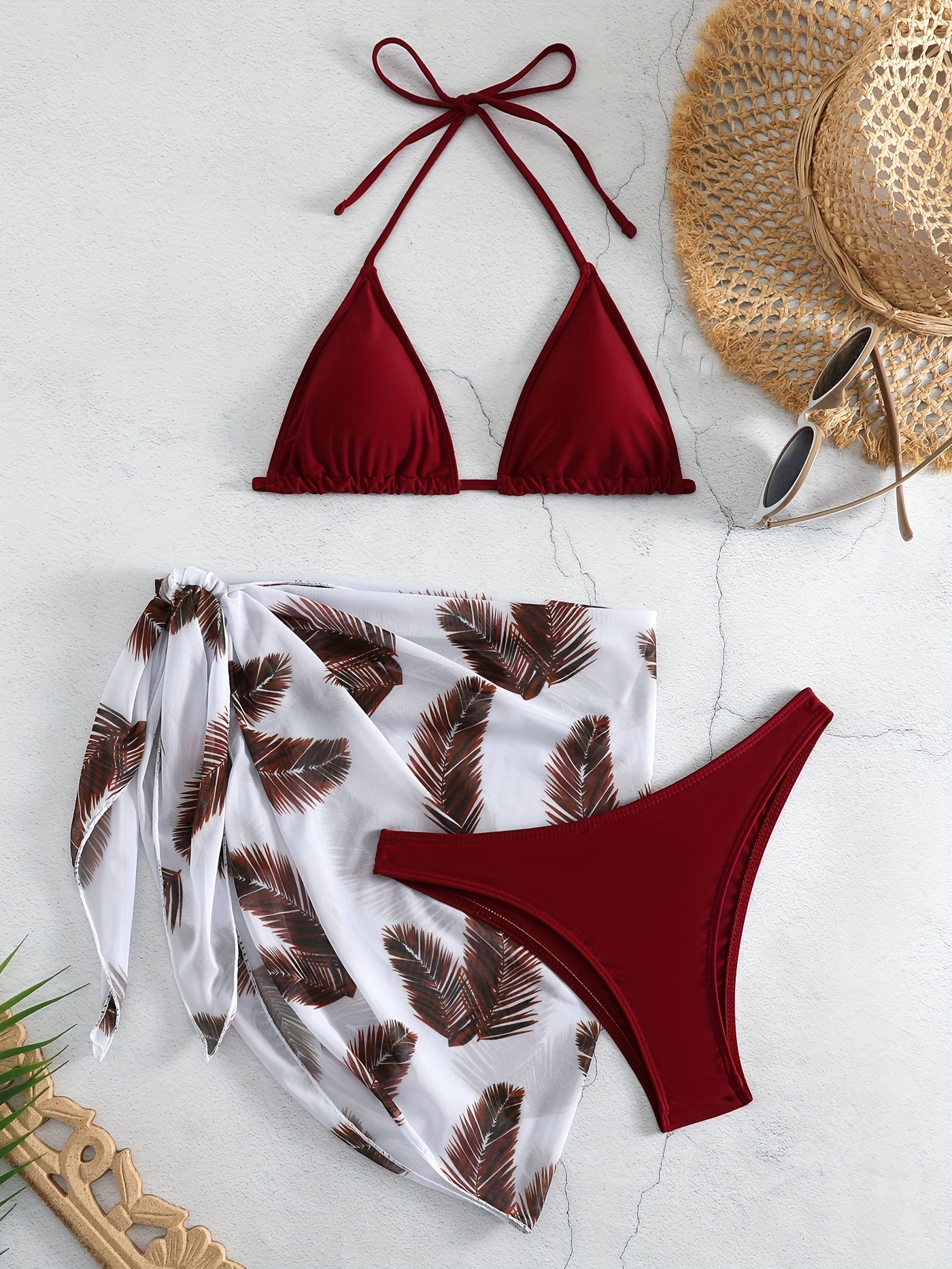 3-Piece Feather Print Bikini Sets, Halter Neck Tie Back Backless High Cut With Cover Up Wrap Swimsuit, Women's Swimwear & Clothing