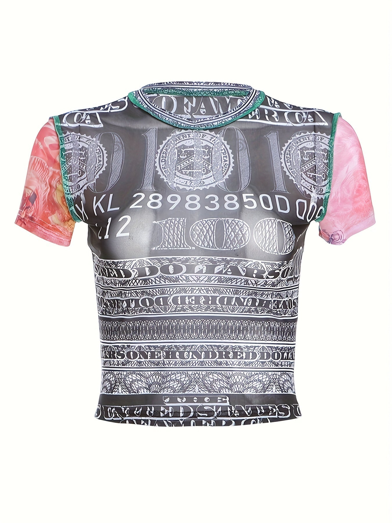 Allover Print Crew Neck T-Shirt, Y2K Short Sleeve Crop T-Shirt For Spring & Summer, Women's Clothing
