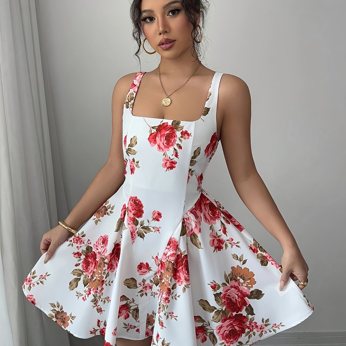 Women's Sleeveless Floral Print A-Line Dress - Square Neck Ruched Detail Summer Dress with Red Roses & Green Foliage, Machine Washable Elegant Casual Outfit