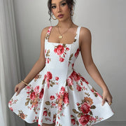 Women's Sleeveless Floral Print A-Line Dress - Square Neck Ruched Detail Summer Dress with Red Roses & Green Foliage, Machine Washable Elegant Casual Outfit