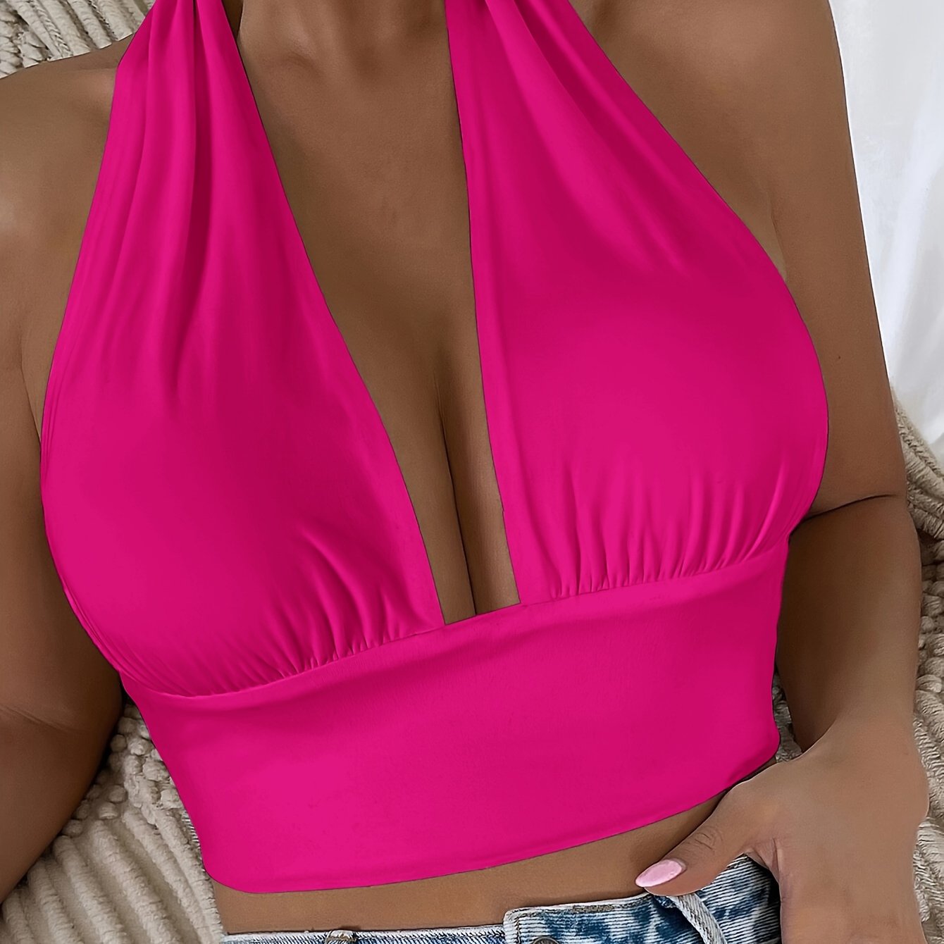 1pc Elegant Orange Halter Neck Backless Crop Top - High Stretch, Deep V-Neckline, Sleeveless Tank for Women, Perfect for Casual or Stylish Outfits, Casual Chic Top | Backless Dress | Stretchy Fabric