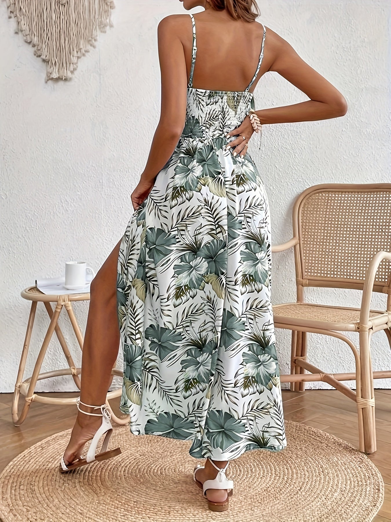 Floral Print Spaghetti Strap Dress - Elegant Sleeveless Split Dress For Spring & Summer - Women's Clothing -  For Women - Perfect for Parties & Casual Occasions - Ideal Gift for Her