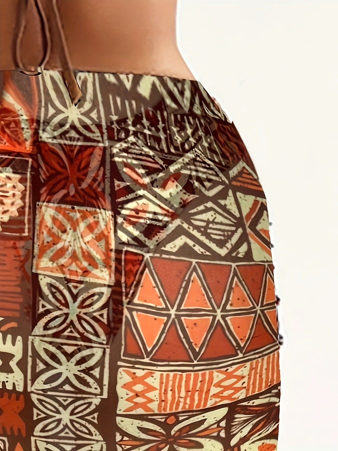 Women'S 2024 New Geometric Pattern Bikini Set with Headscarf, Polyester High Elasticity, Halter Neck, Sleeveless, Tie Detail, Swimwear Outfit for Ladies