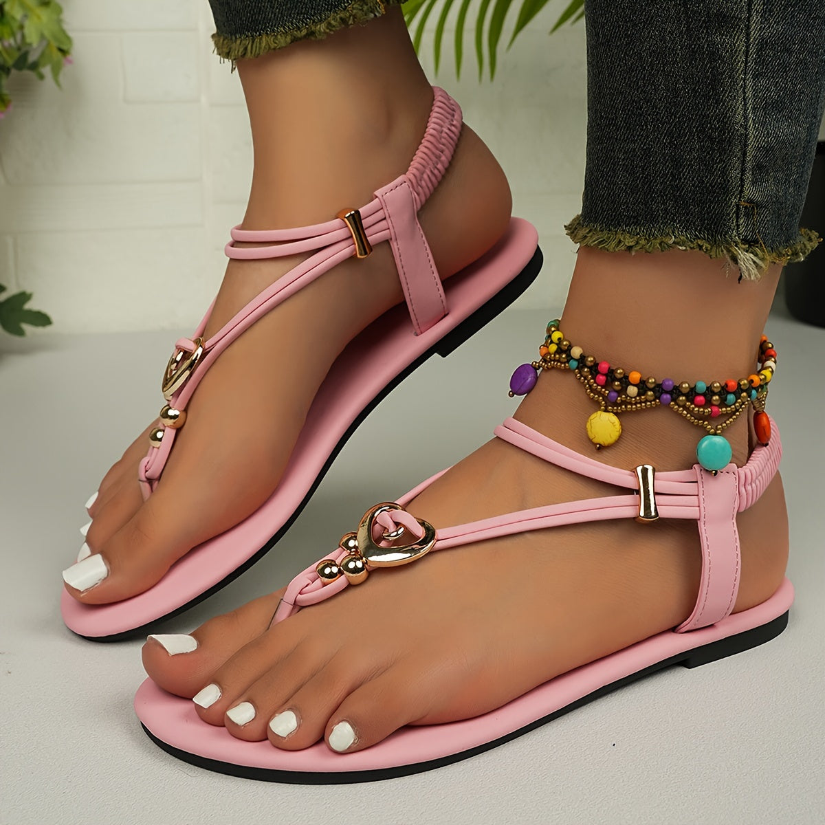 Women's Summer Flat Sandals - Boho Style Buckle Decor Elastic Strap Slip On Shoes - Casual Summer Beach Sandals - For Women -  Suitable for Summer, Beach, Vacation - Perfect Gift for Fashionable Women