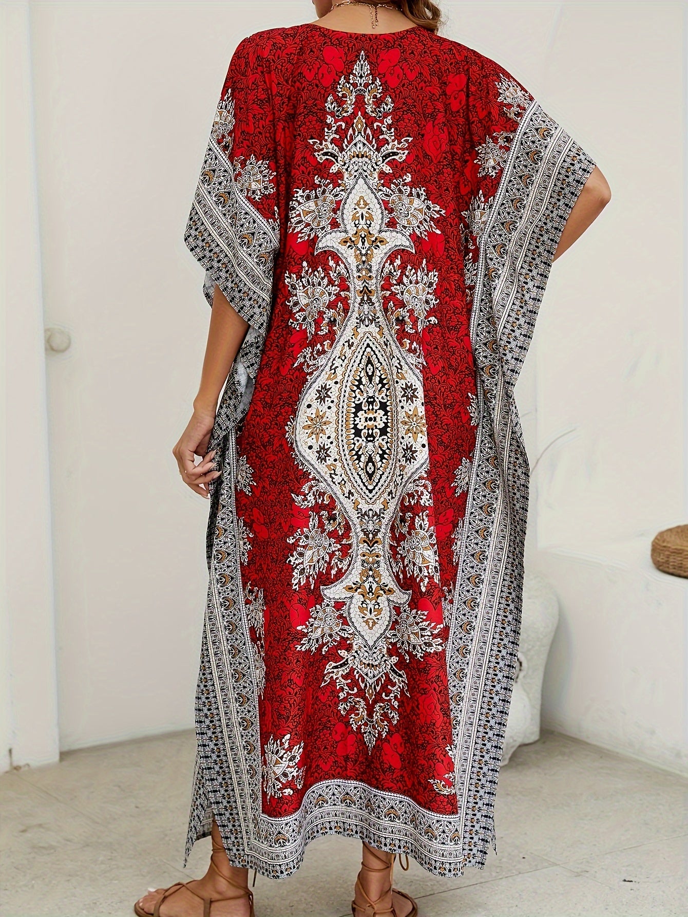 Boho Style Allover Print Cover Up Dress, V Neck Loose Fit Vacay Beach Kaftan, Women's Swimwear & Clothing