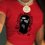 Women'S Y2K Graphic Crop Top T-Shirt - Black Short Sleeve with Unique Black and White Print, Casual Spring/Summer/Fall Wear, Crop Top Blouse