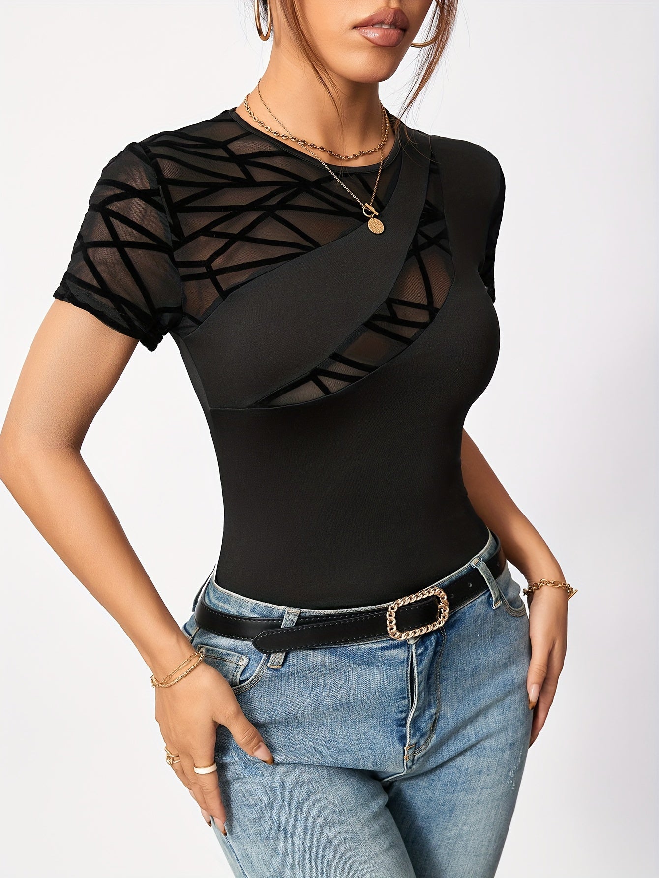Chic Womens Contrast Mesh Crew Neck T-shirt - Breathable Solid Short Sleeve, Semi-sheer Slim Fit for Spring & Summer Styling