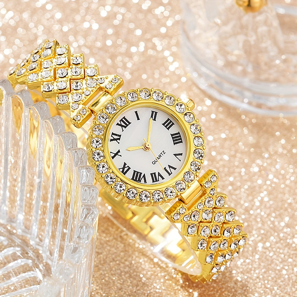 6pcs/set Women's Luxury Rhinestone Quartz Watch Shiny Golden Fashion Analog Wrist Watch & Jewelry Set, Gift For Mom Her