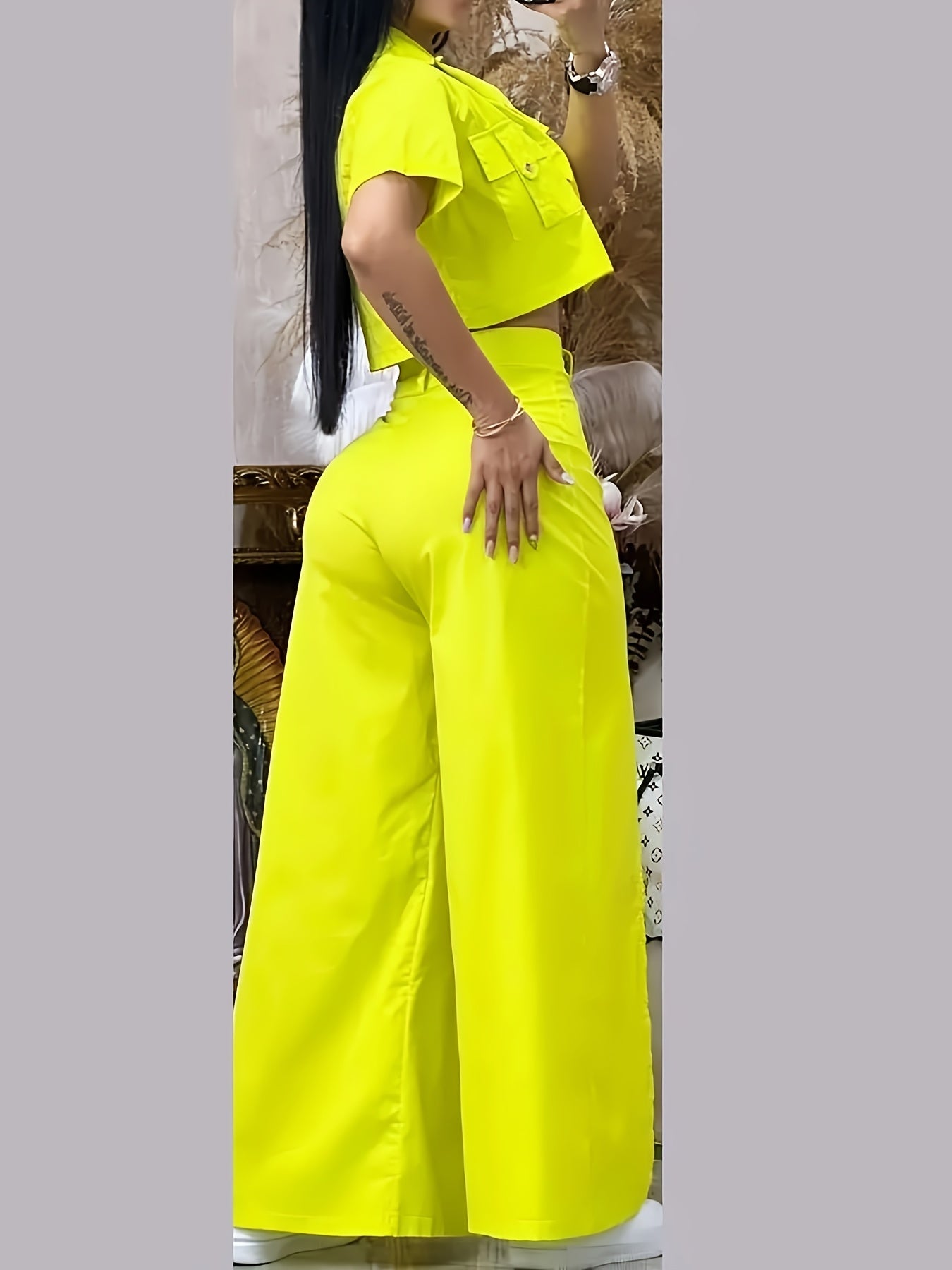 [Vibrant Yellow Set] Two-Piece Vibrant Yellow Women's Casual Set - Short Sleeve Button-Up Shirt & High-Waist Wide-Leg Pants with Thigh-High Slit, Polyester, Machine Washable