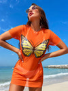 Butterfly Print Semi Sheer White Cover Up, Shorts Sleeve Stretchy Mesh Beach Coverup Without Bikini, Women's Swimwear & Clothing For Holiday