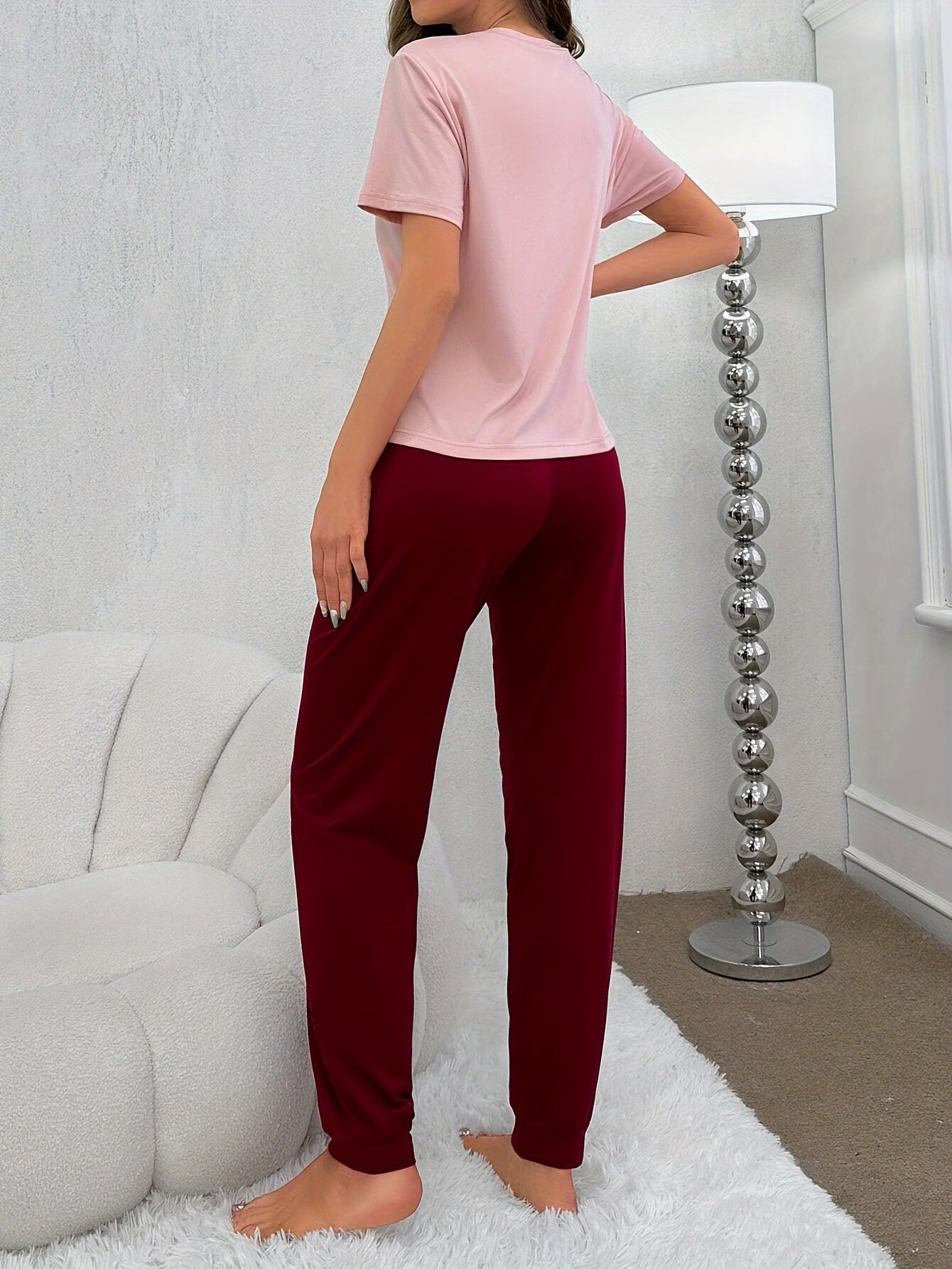 [1set Women'S Comfortable Pajama Set] 1set Women'S Casual Sleepwear Set, Comfortable Polyester Blend, Round Neck Long Pajama Set with Letter Print, All Season Knit Lounge Wear