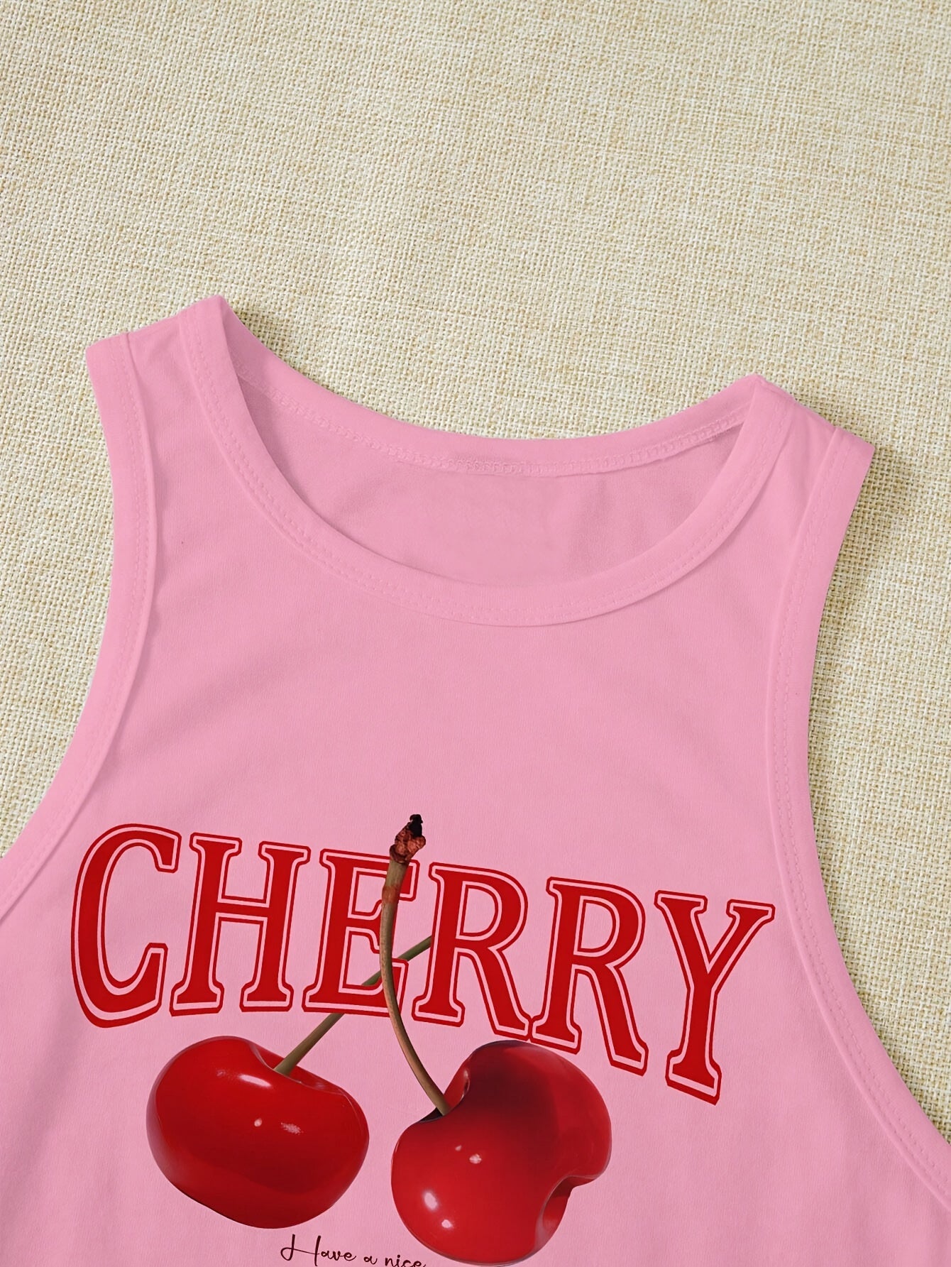 Women's Elegant Cherry Print Crop Top Tank - Stretchy Polyester Blend, Round Neck, Machine Washable, Semi-Sheer Geometric Pattern Sleeveless Vest