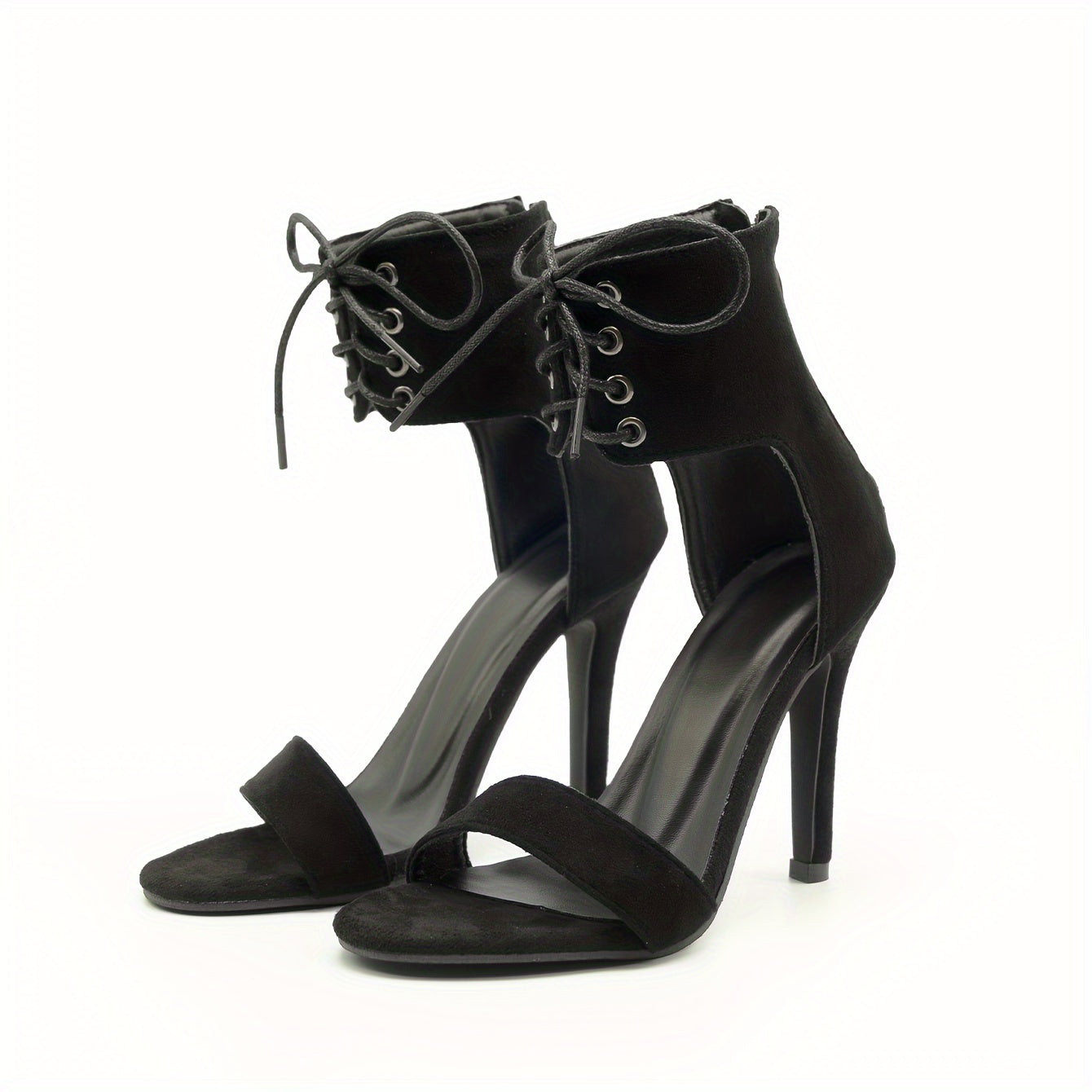 Women's Solid Color Stiletto Heeled Sandals, Fashion Open Toe Dress Pumps, Stylish Lace Up Heels