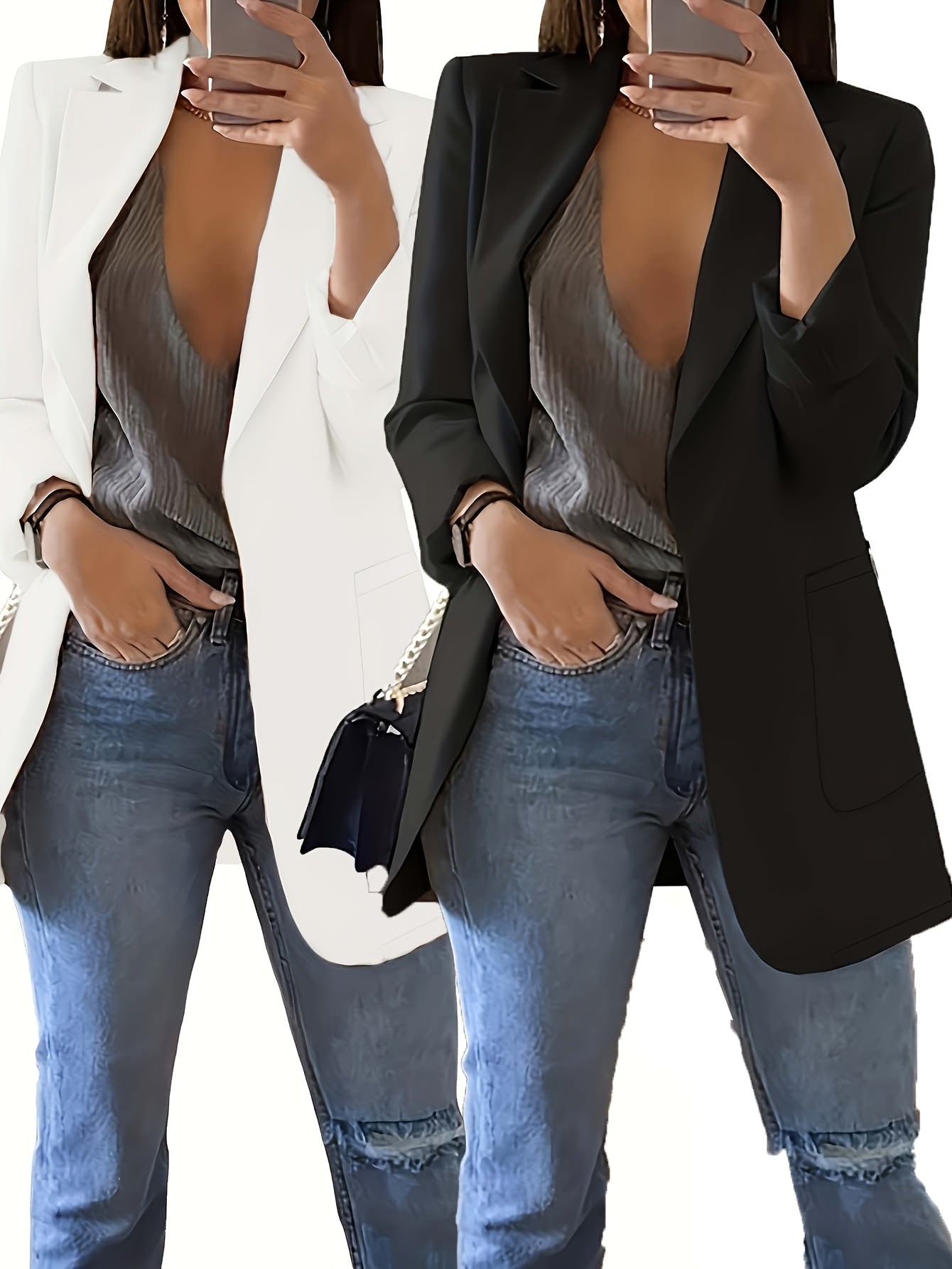 2pcs Fashion Casual Solid Color Lapel Slim Fit Cardigan Suit Jacket for Women Spring Summer Autumn