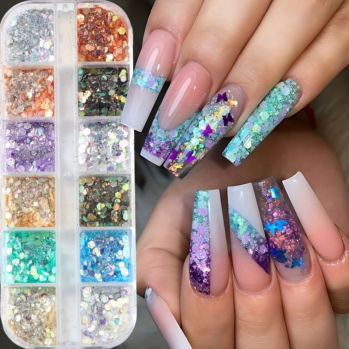 1 Box Holographic Hexagon Iridescent Nail Glitter Sequins - Mermaid Flakes Powder for Y2K Wedding Nail Art, Shiny Sparkly Sheets for Creative Manicures, Multi-Dimensional Colors (Pink, Blue, Green, Golden, Purple), Party Nail