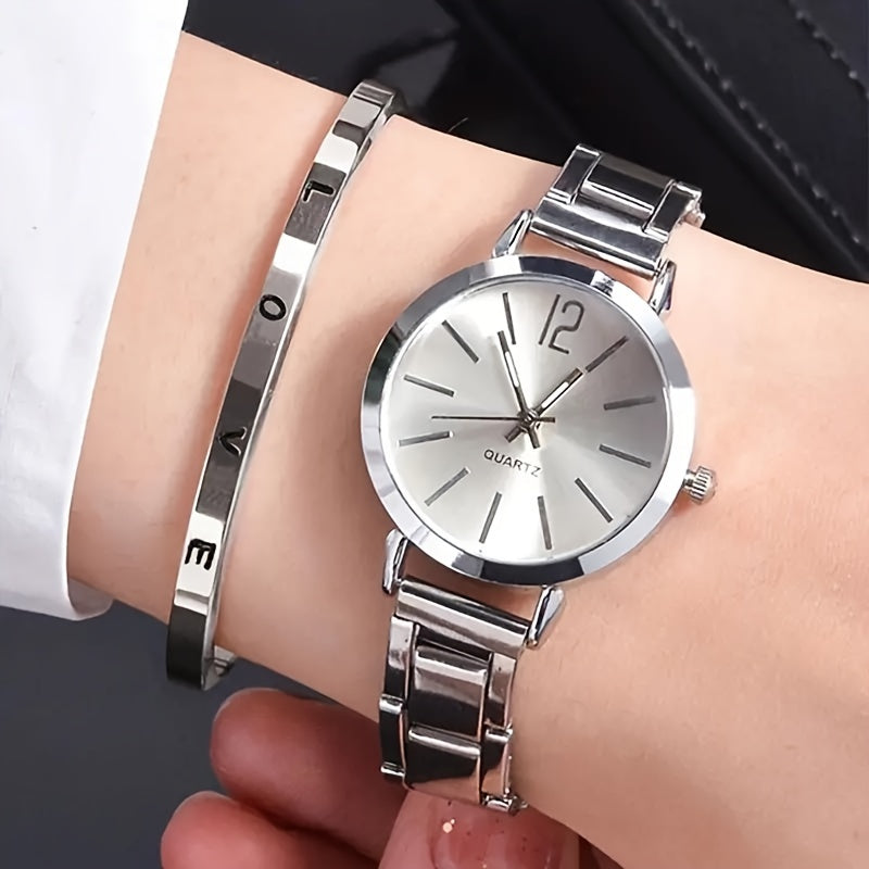 2pcs Set Ladies' Fashion Simple Alloy Quartz Watch With - Stylish Timepiece For Women - Perfect Accessory For Daily Wear