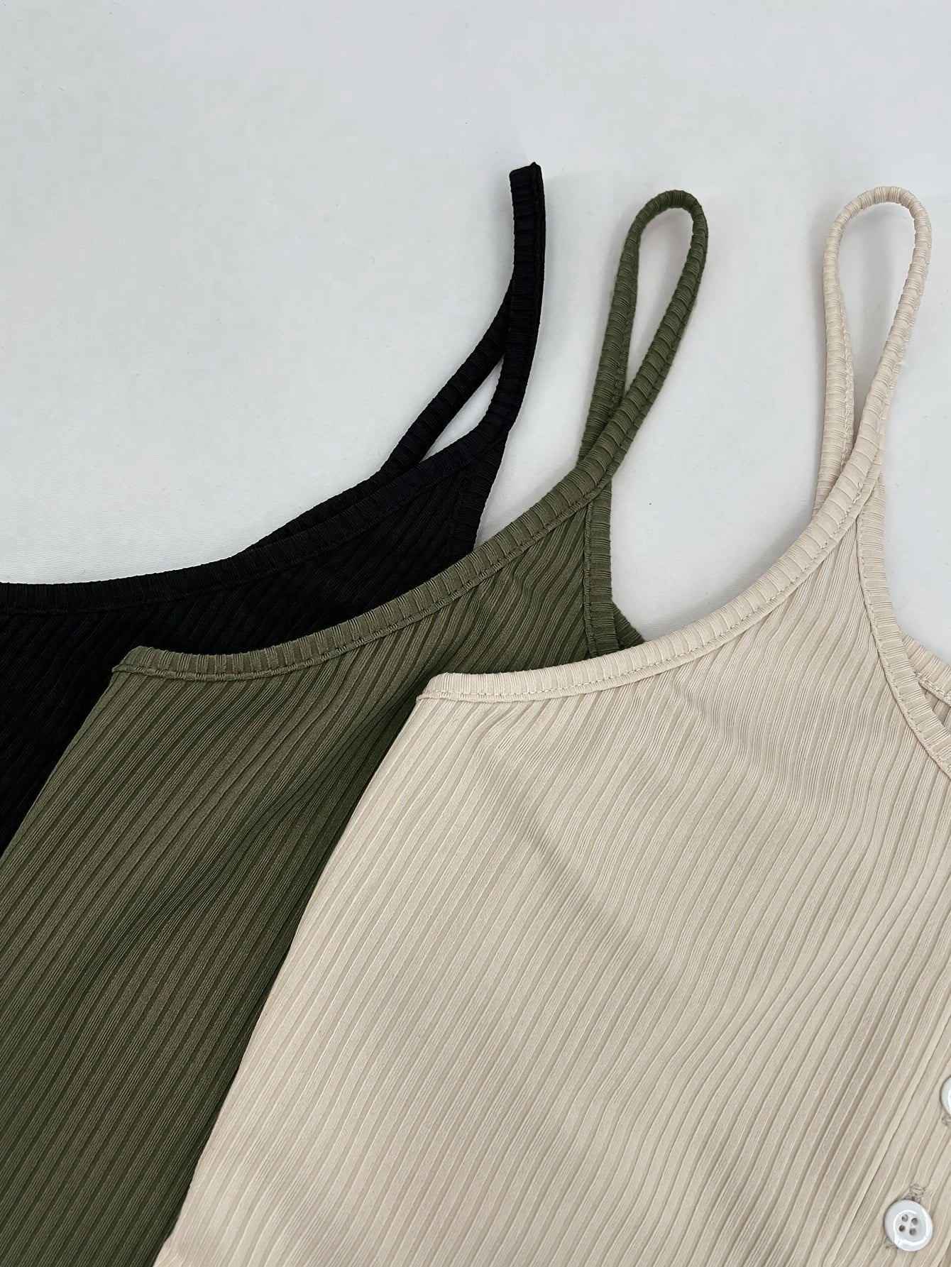 3pcs Set Women'S Knit Polyester Tank Tops with Button Detail, Casual Solid Color Slingback Camisoles, 95% Polyester 5% Elastane, All-Season Spaghetti Strap Tops