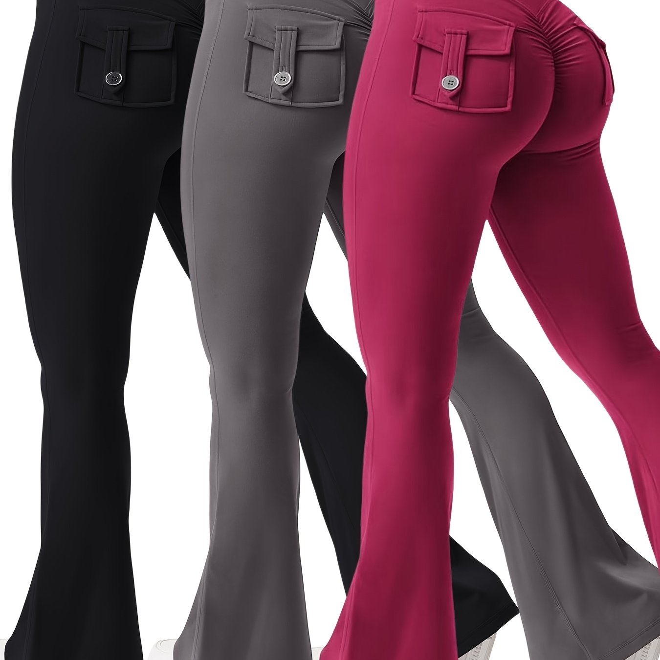 3pcs Women's High Elasticity Yoga Pants with Pockets - Soft Flared Leg Workwear-Style Fitness Pants, Elastic Waistband Tight-Fit Butt-Lifting for Running, Gym & Casual Wear (Black/Grey/Brown), Running Attire | Highwaisted Fla