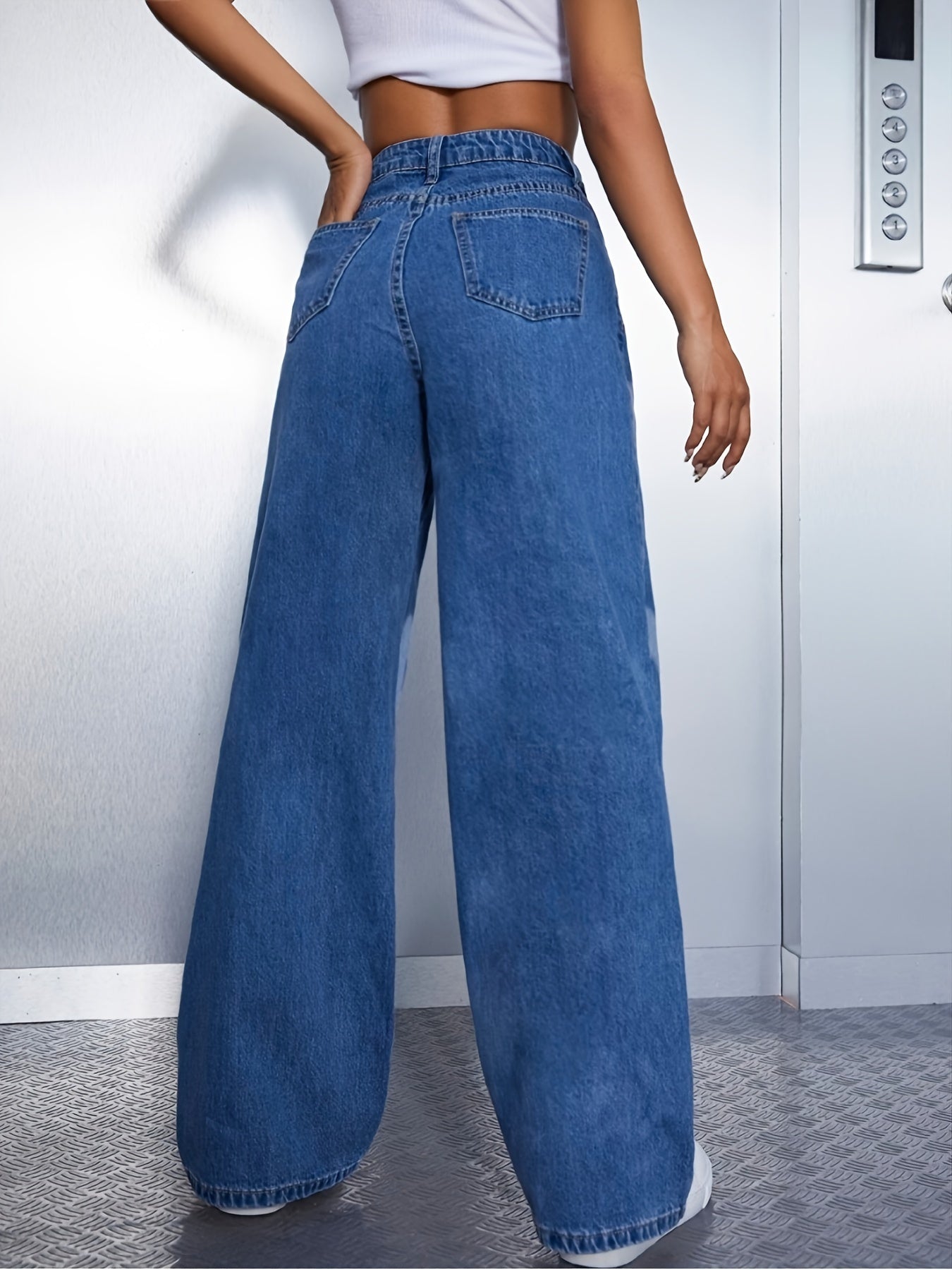 Women's High-Waisted Wide Leg Denim Jeans with Heart Print - Light Blue Casual Loose Fit Pants, Cotton, Long Length, Perfect for Casual Attire