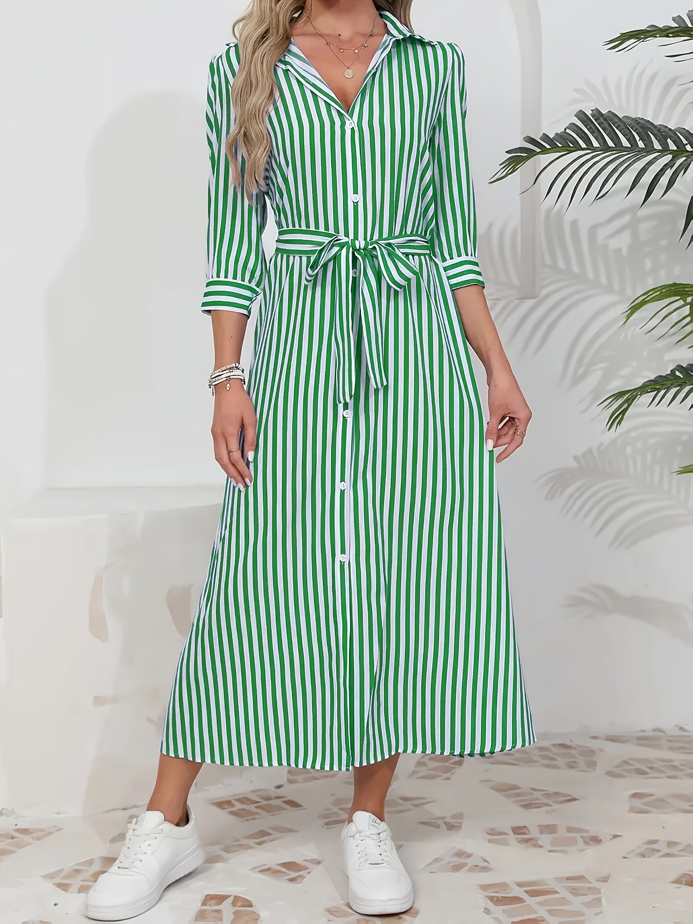 Elegant Long Sleeve Striped Shirt Dress with Waist Tie - Casual Commute Fashion for Women, All-Season Comfort, Three-Quarter Sleeve, Button-Up, Casual Attire | Stylish Casualwear | Polo Collar Dress