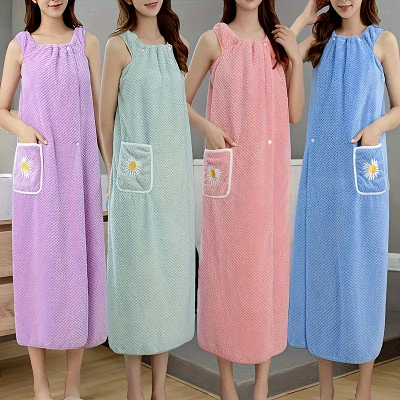 Light Blue Extra-Long Coral Fleece Bath Towel with Daisy Pocket - Super Absorbent, Machine Washable, Soft & Durable for Bathroom Use, Robe Wear | Detailing | Light Blue Coral Fleece