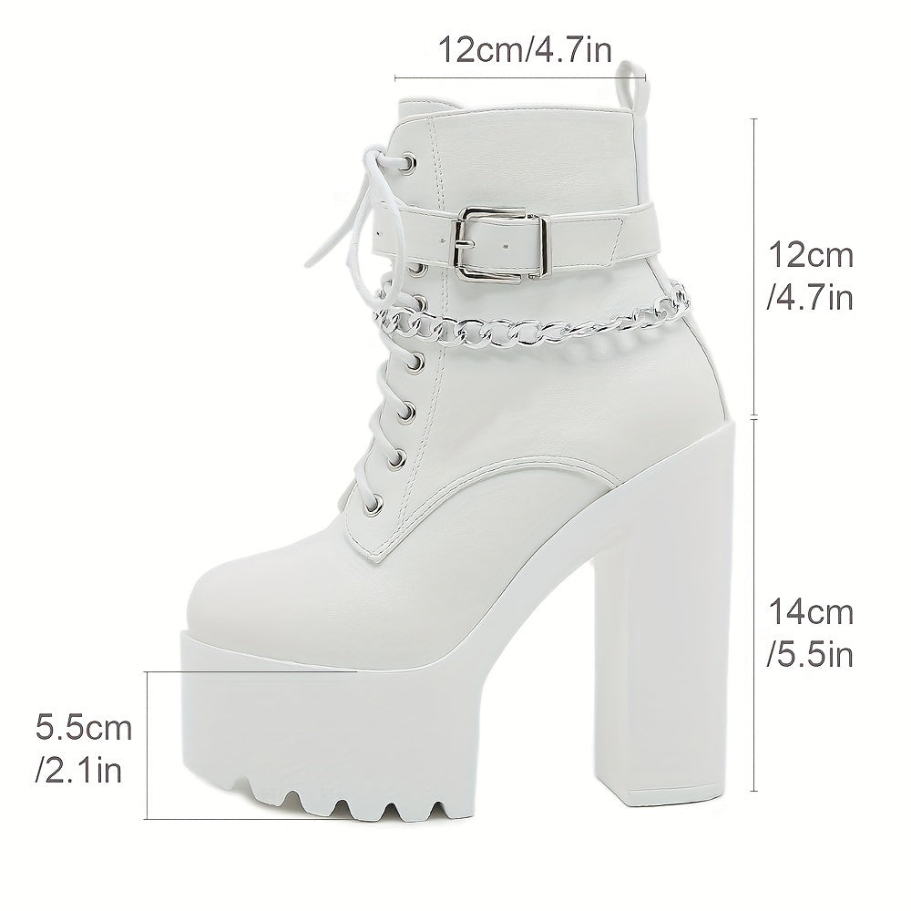 Women's Chain Decor Block Heeled Boots, Fashion Lace Up Side Zipper Boots, Women's Stylish Ankle Boots