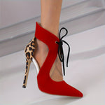 Women's Leopard Print Colorblock, Lace Up Hollow Out Stylish Dressy High Heels, Point Toe Party Banquet Shoes