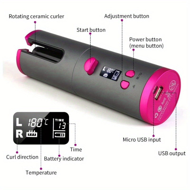 Portable Wireless LCD Display Rechargeable Ceramic Heating Antiperm Hair Curlers Automatic Electric Power Source Curling Irons