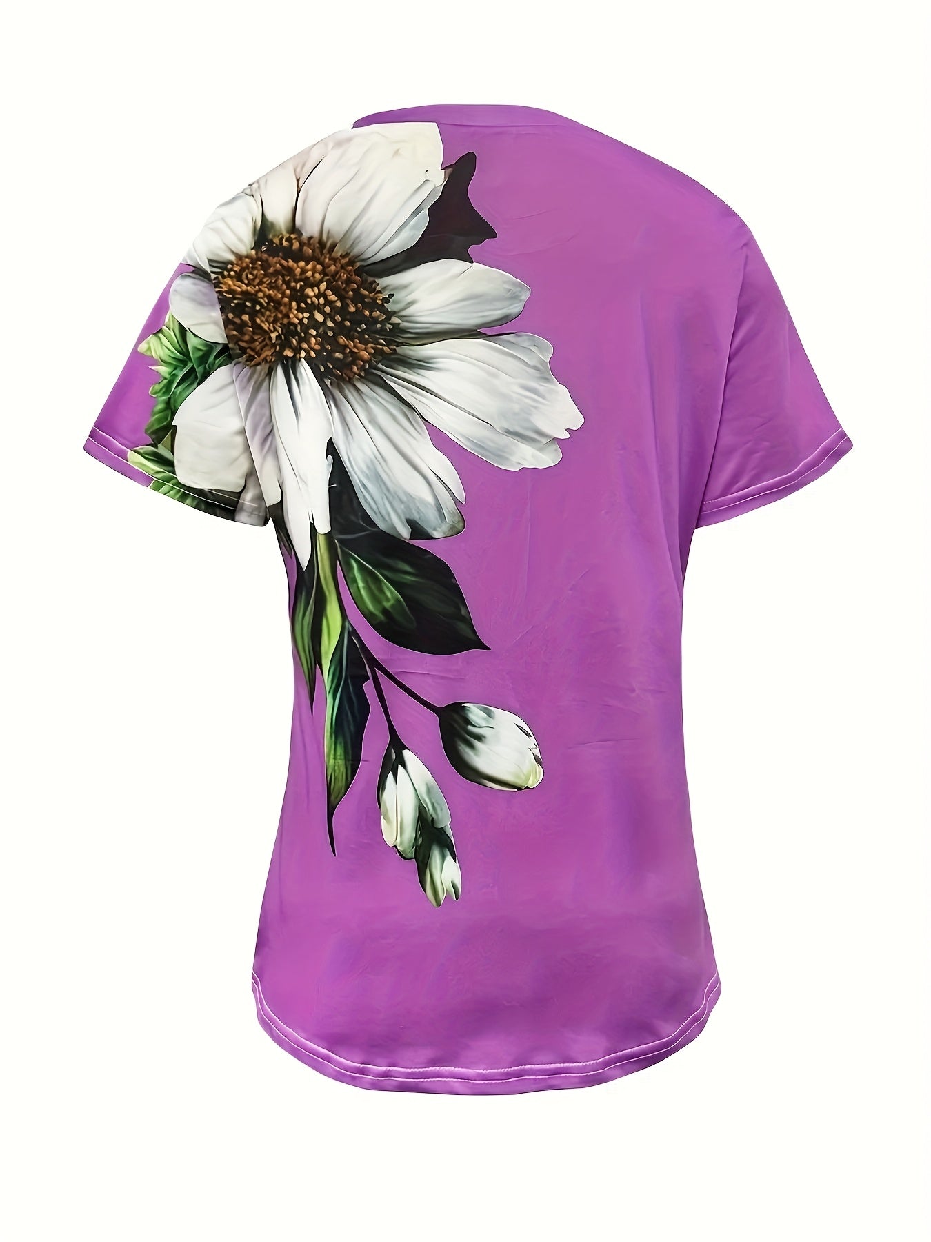Women's Elegant Floral Print Short Sleeve T-Shirt - Bright Red with White Daisies and Green Leaves, Breathable Spring/Summer Casual Top | Floral Casual Tee | Comfort Fit, Women's T-Shirt