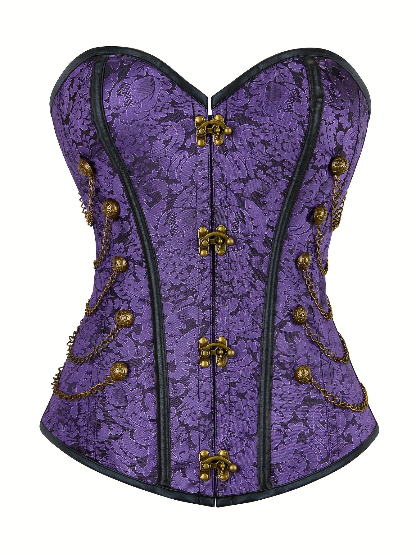 Gothic Vintage Purple Floral Jacquard Corset Top with Golden Metal Chains & Buttons - High Support Non-Transparent Bustier for Adults, Elegant Special Collection, Special Occasion Wear | Jacquard Fabric
