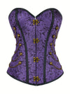 Gothic Vintage Purple Floral Jacquard Corset Top with Golden Metal Chains & Buttons - High Support Non-Transparent Bustier for Adults, Elegant Special Collection, Special Occasion Wear | Jacquard Fabric