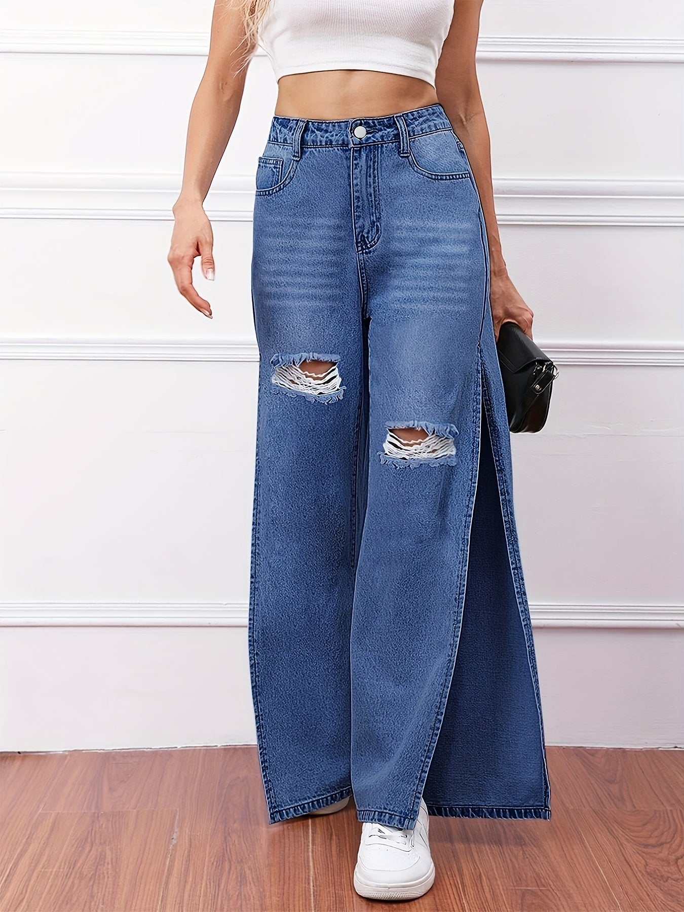 European And American Cross-border Women's Fashion Personality High Slit Jeans Trousers