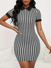Houndstooth Print Contrast Trim Dress - Elegant Short Sleeve Dress For Spring & Summer - Women's Clothing -  For Women - Perfect for Casual & Formal Occasions - Ideal Gift for Birthday & Holidays
