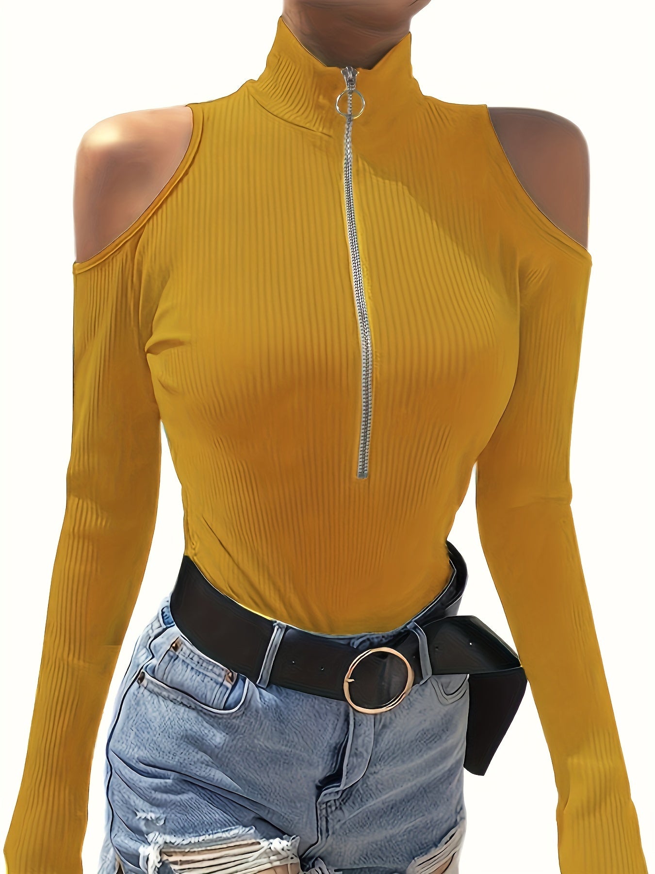 Solid Color Zip Up T-shirt, Elegant Cold Shoulder Long Sleeve Top For Spring & Fall, Women's Clothing