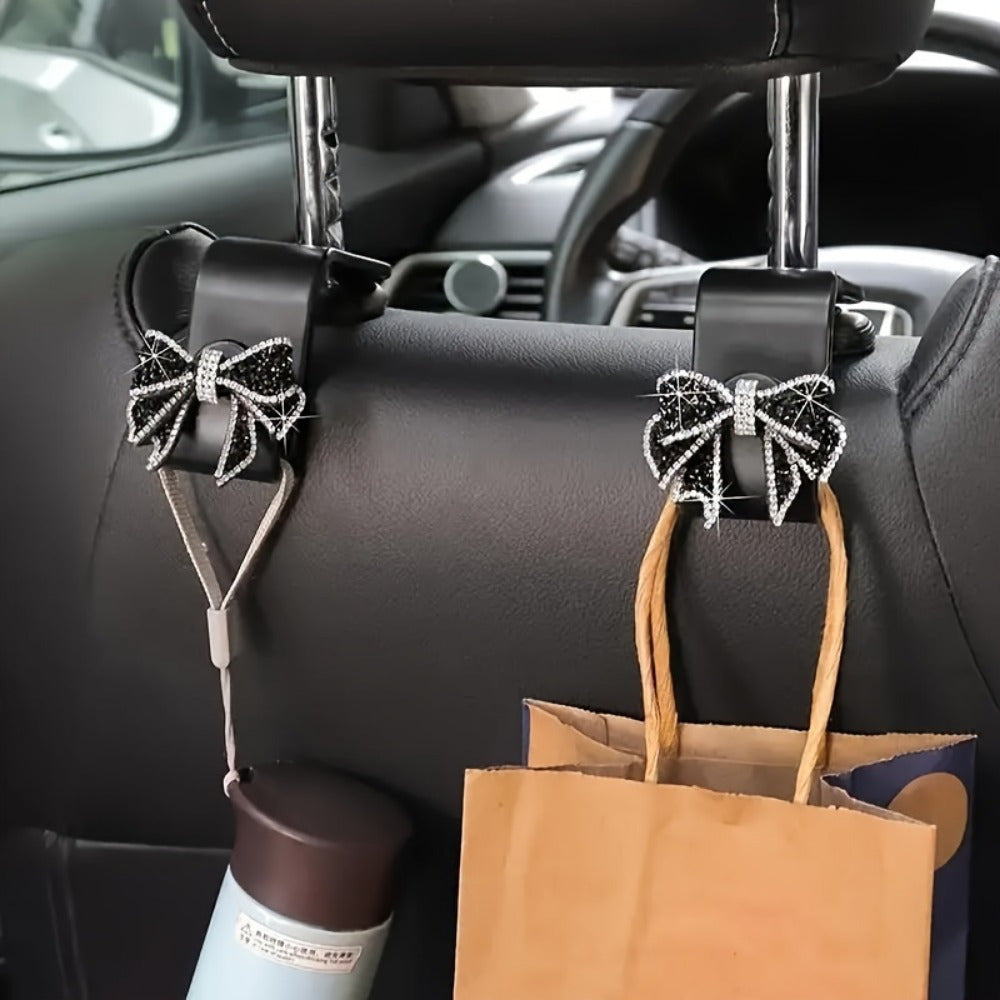 2pcs Sparkling Bow Car Hooks - Durable Plastic Storage Bags for Groceries & Accessories, Black with Glittery Bows, Perfect for Organizing Items in the Car, Car Organization | Decorative Car Hooks | Durable Plastic Material, C