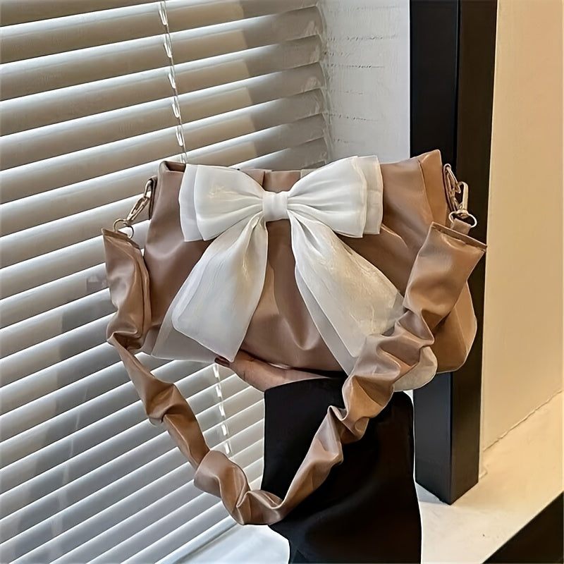 Four One Chic Sweet Style Bowknot Shoulder Bag, Solid Color Messenger Handbag with Magnetic Closure and Polyester Lining
