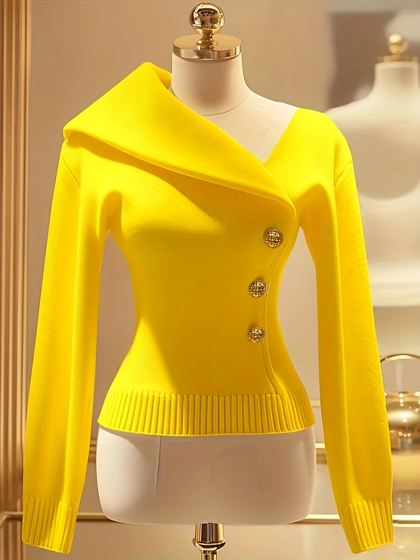 Elegant Yellow V-Neck Knit Sweater for Women - Chic Mock Neck with Button Details, Comfortable & Warm, Perfect for All Seasons