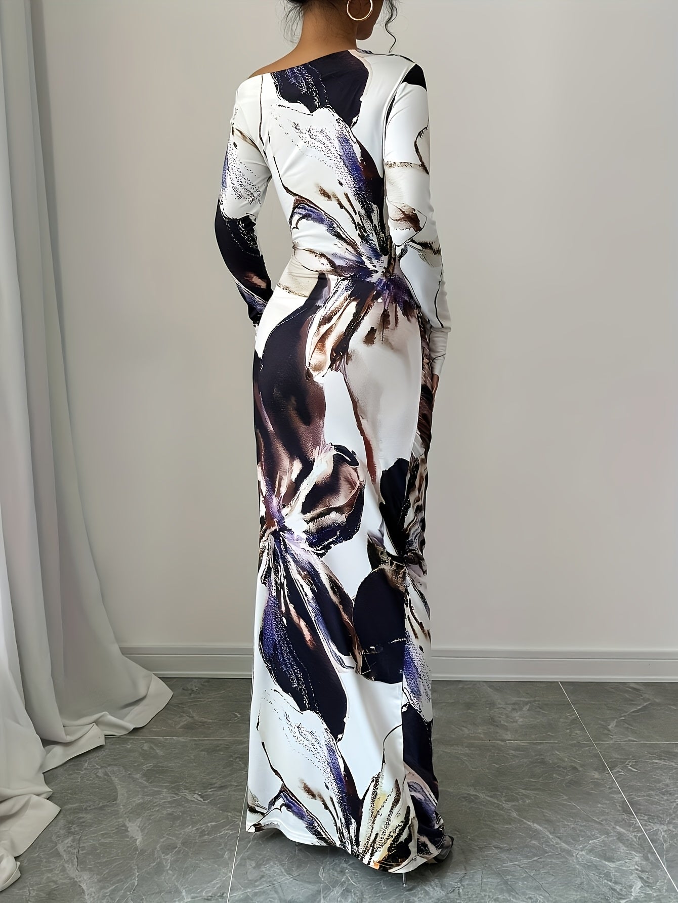 Elegant Off-Shoulder Floral Print Long Dress for Women - Slim Fit, Casual Yet Stylish, Polyester Fabric, Machine Washable, Black & White Floral Design, All-Season Wear, Occasion Dress | Offshoulder Gown | Glossy Texture