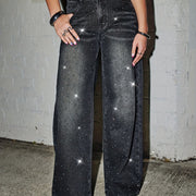 Ladies Fashion Hot Drilling A Sexy Micro-elastic Comfortable Joker Street Trend Advanced Straight Wide-leg Women'S Pants