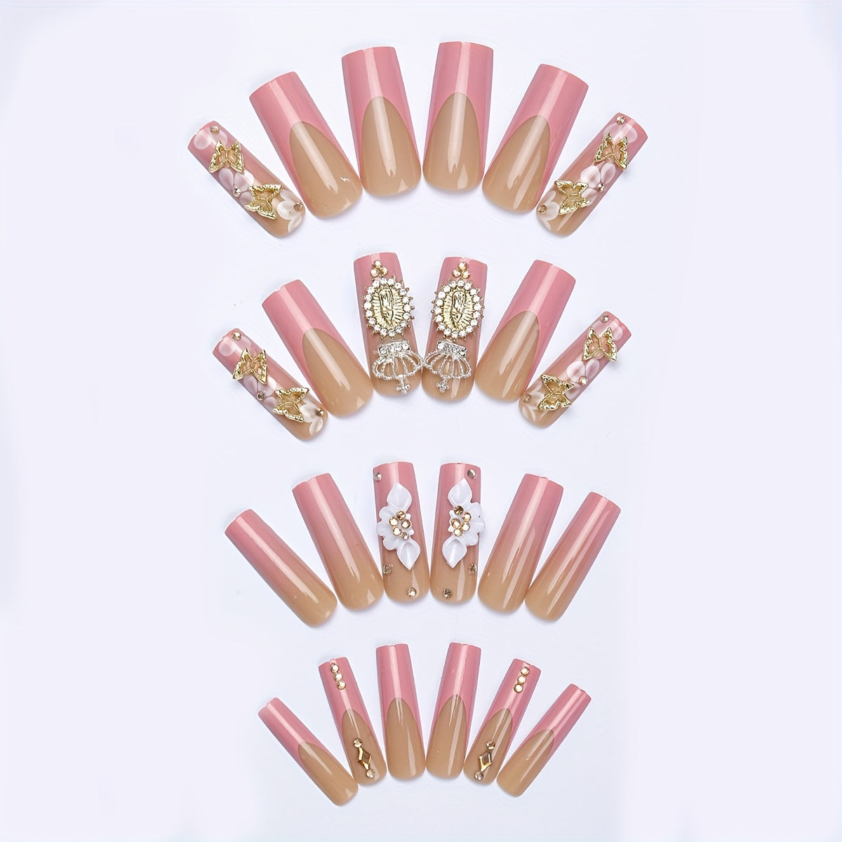 24pcs Rectangular Pink French False Nails with Flower Print, Shiny Rhinestone Metal Crown Design, Press-on Nails, Essential for Ladies' Party, Acrylic Press-on Nails with Jelly Glue 1pc and Scrubbing Strip 1pc