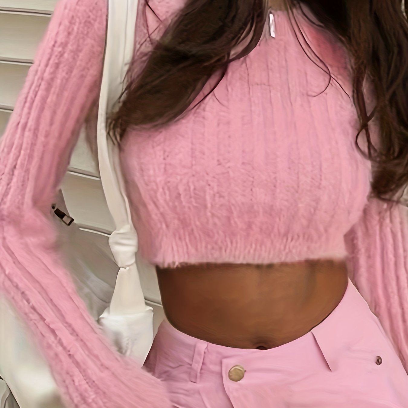 Y2K Solid Crew Neck Crop Sweater - Long Sleeve, For Spring & Fall - Women's Clothing - Perfect for Casual & Trendy Outfits - Gift Idea for Fashionable Women