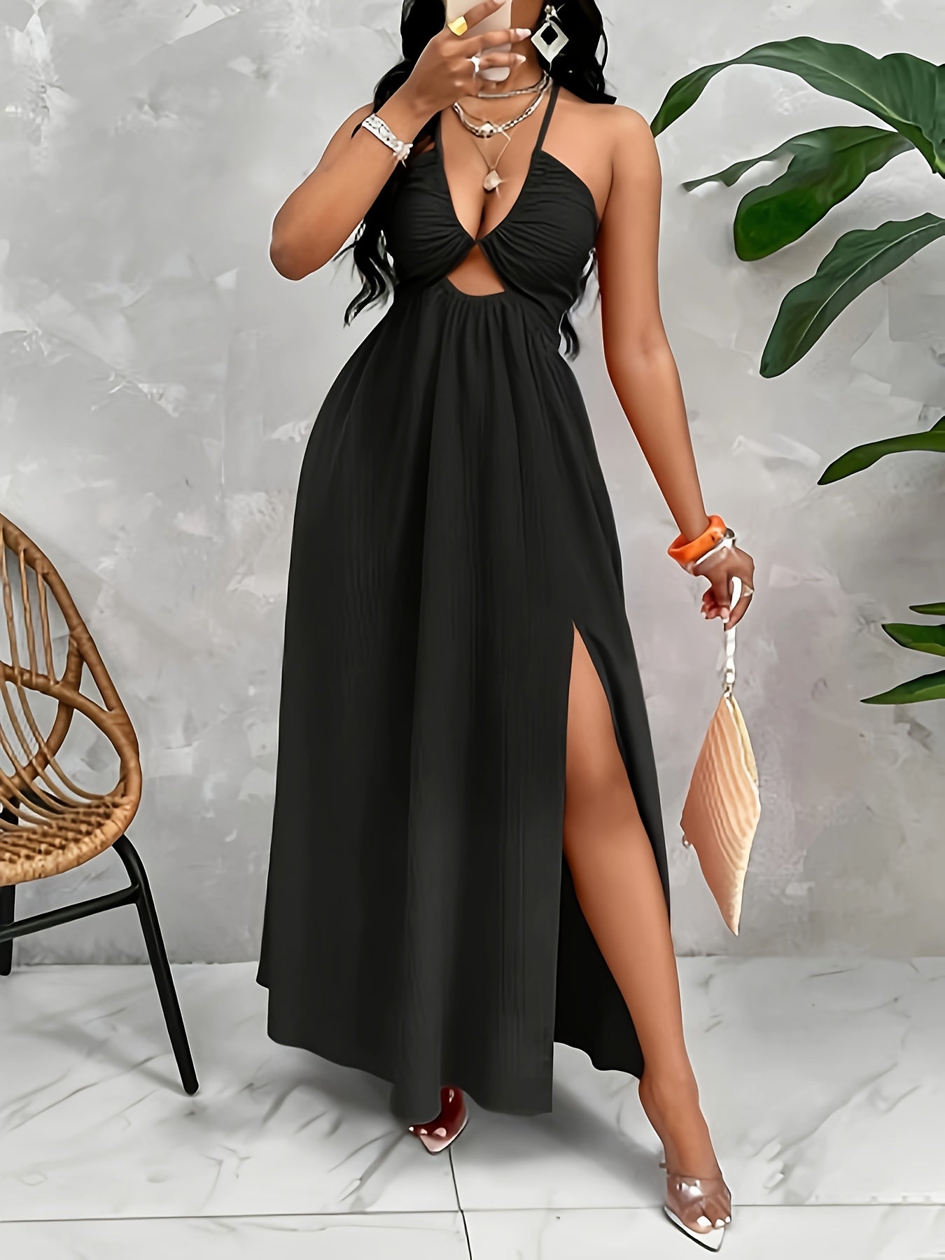 Stylish Women's Sexy Backless Split Dress - Vibrant Orange, Halter Neck, High-Waisted A-Line Cut, Polyester, Perfect for Spring/Summer, Evening Attire | Halter Neck Dress | Glossy Texture