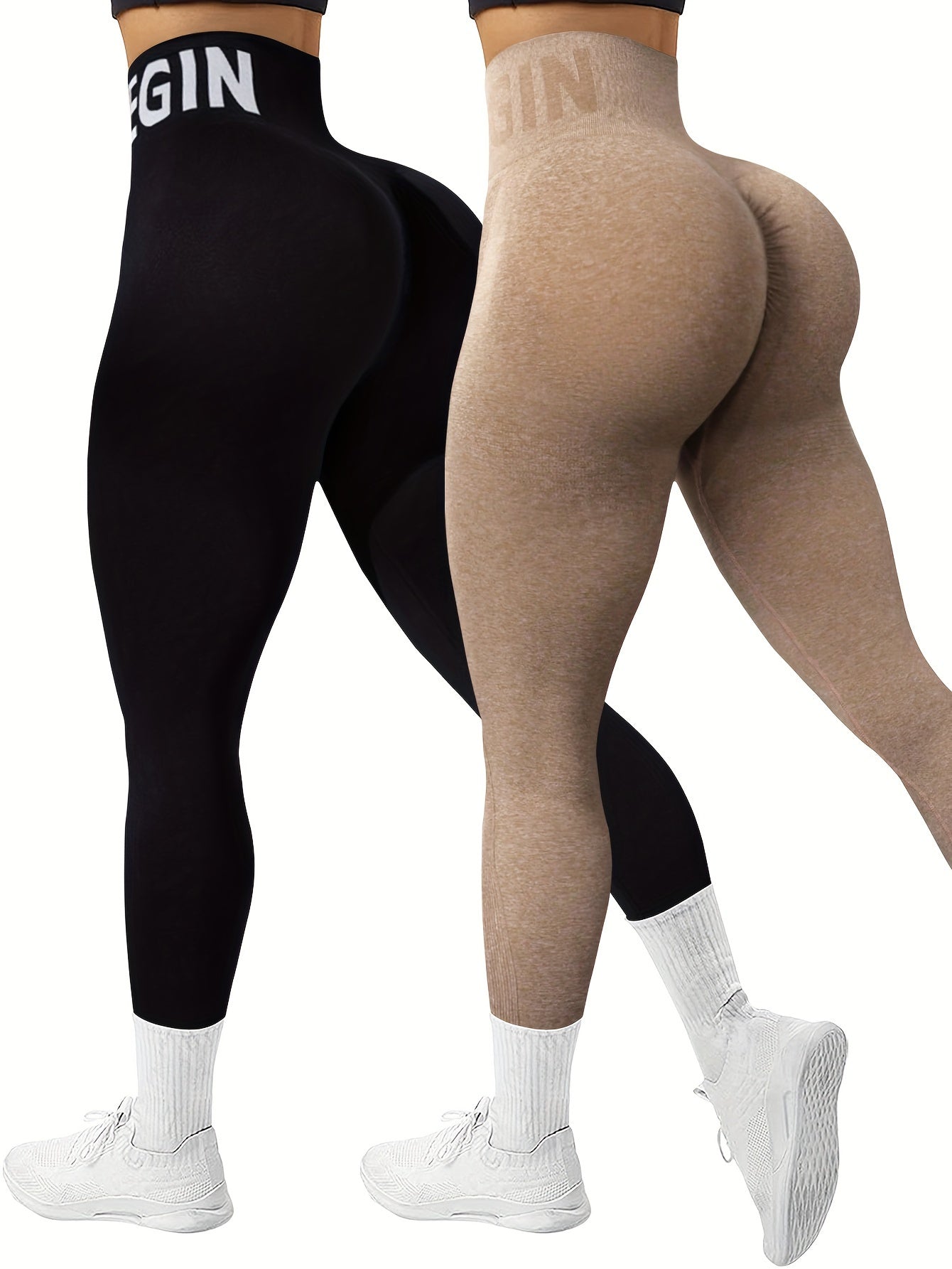 Women's Seamless High Waist Sports Leggings, 2 Pack Knit High Stretch Letter Print Yoga Leggings