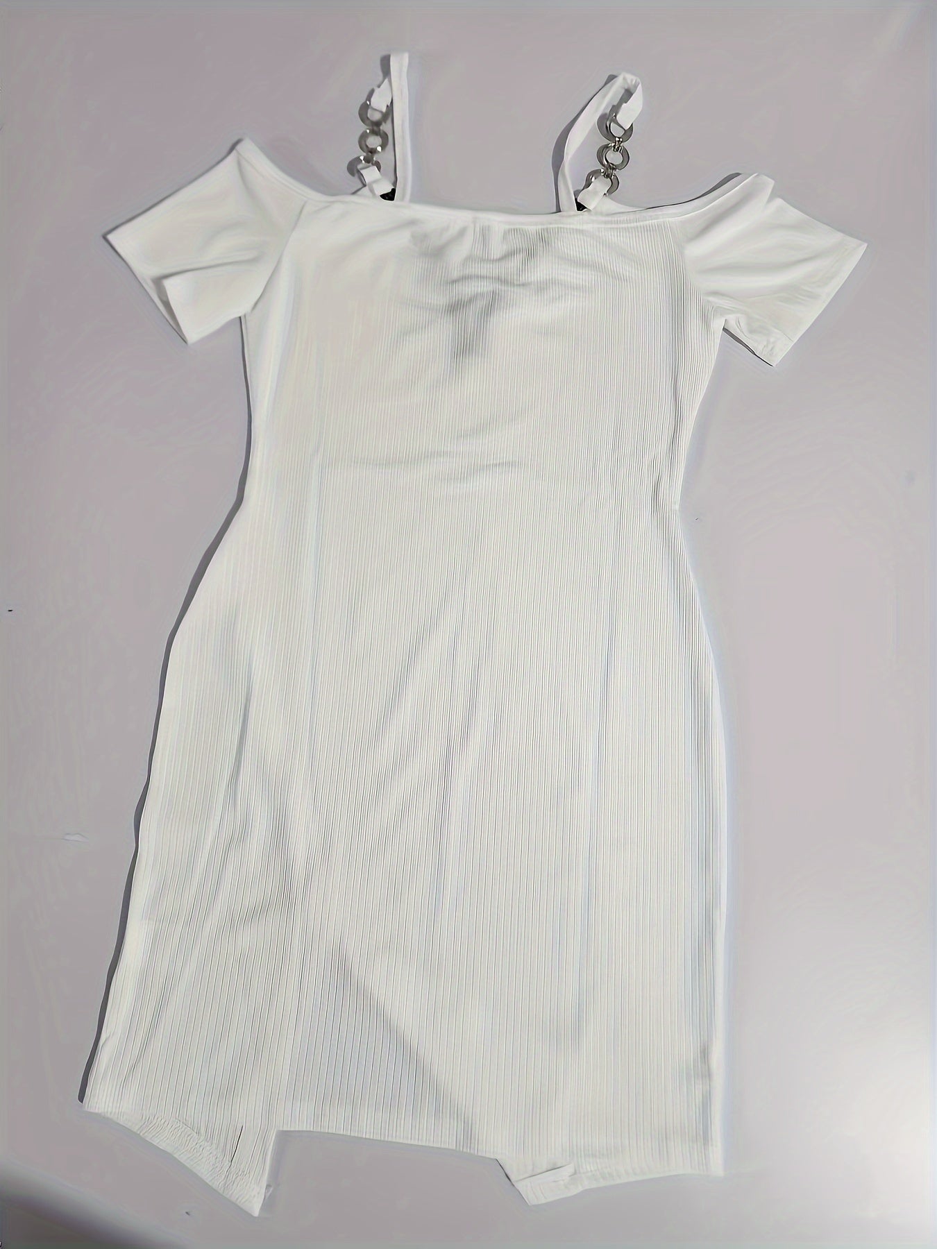 Women's Cold Shoulder Ribbed Chain Strap Dress - Zipper, Elegant, Short Sleeve, Split Bodycon Dress - For Spring & Summer - Perfect for Parties & Casual Occasions - Ideal Gift for Women