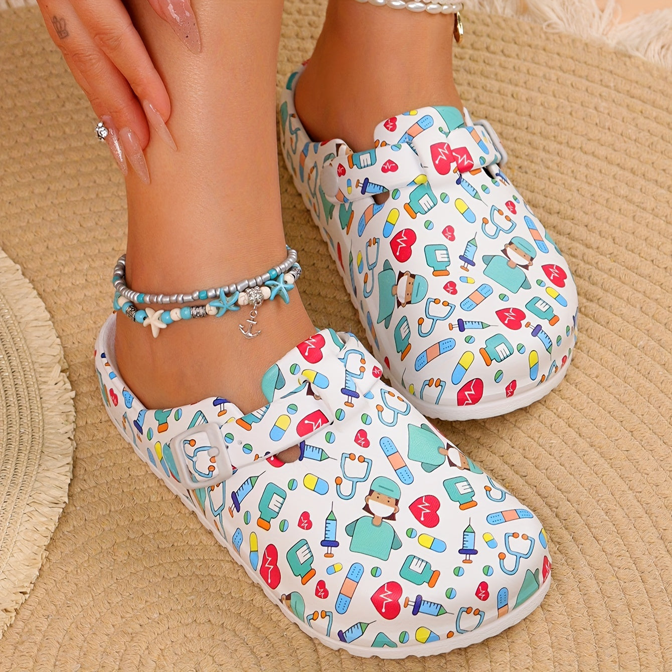 Women's Playful Cartoon-Print Non-Slip Clogs - Breathable & Lightweight EVA Design - Perfect for Beach, Garden, & Casual Attire, Beach Accessories