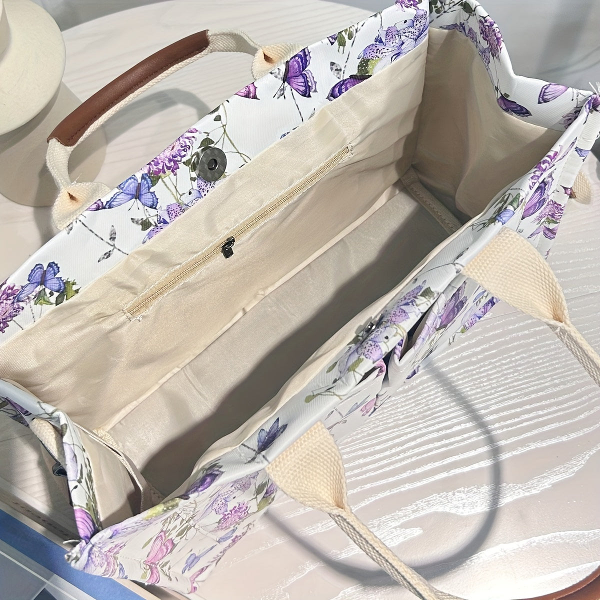 Butterfly Tote Bag For Women Canvas Patched Purse Cute Shoulder Bag Multi-Pocket Satchel Handbag For Work Books Travel, Bag Only