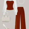 Women's Casual Elegant Two-Piece Set with Color Block Stitched Shirt and Wide-Leg Pants Suitable for All Seasons, Machine Washable, Striped V-Neck Long Pants Outfit, Accessories Not Included